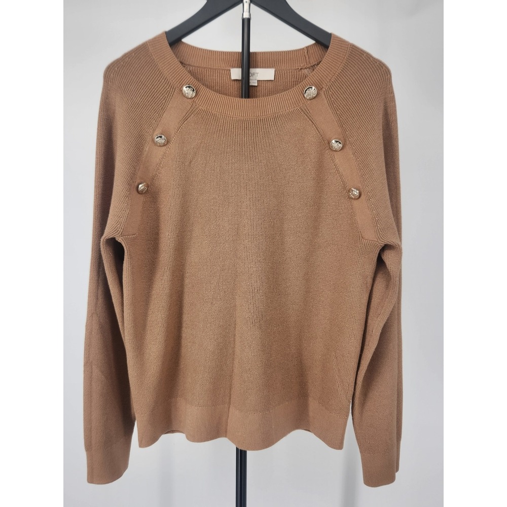 Loft Womens XXL Camel Brown Silver Crest Button Raglan Crew Neck Sweater